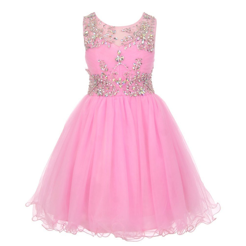 Big Girls Pink Tulle AB Stone Wired Flower Girl Dress 8-16