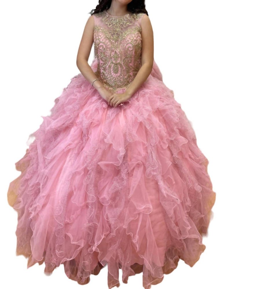Sleeveless Quinceañera Dress In Rose Pink/gold 7766652158012