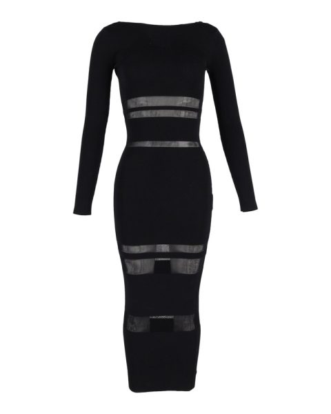 Self-Portrait Sheer Panels Midi Dress in Black Viscose