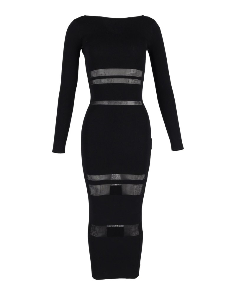 Self-Portrait Sheer Panels Midi Dress in Black Viscose