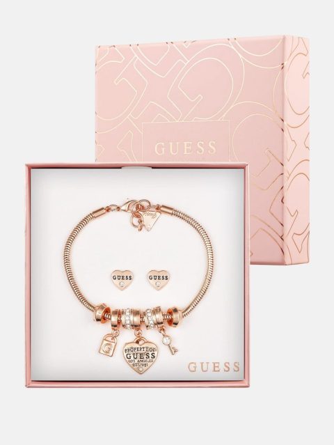 Rose Gold-Tone Charm Bracelet and Heart Earrings Box Set