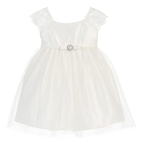 Baby Girls White Satin Lace Pearl Brooch Flower Girl Dress 6-24M