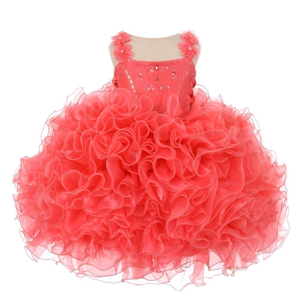RainKids Baby Girls Coral Beaded Cascade Ruffle Organza Pageant Dress 12-24M