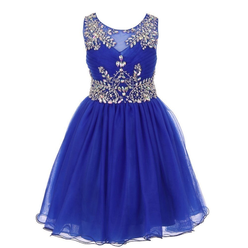 Little Girls Royal Blue Tulle AB Stone Wired Flower Girl Dress 4-6