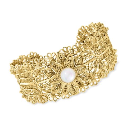 Ross-Simons Mother-Of-Pearl Floral Vintage-Style Cuff Bracelet in 18kt Gold Over Sterling