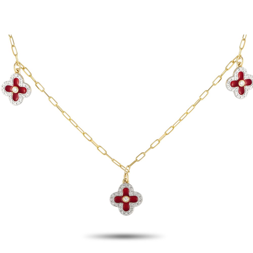 LB Exclusive 14K Yellow Gold 0.25ct Diamond and Red Enamel Three Flower Necklace NK01431