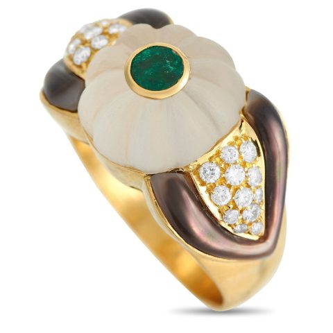 Bvlgari Vintage 18K Yellow Gold 0.35ct Diamond, Crystal, Emerald, and Mother of Pearl Ring BV20-012224