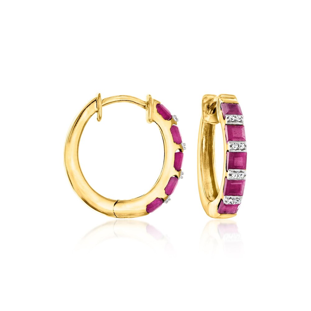 Ross-Simons Ruby Hoop Earrings With Diamond Accents in 18kt Gold Over Sterling 7832755535932