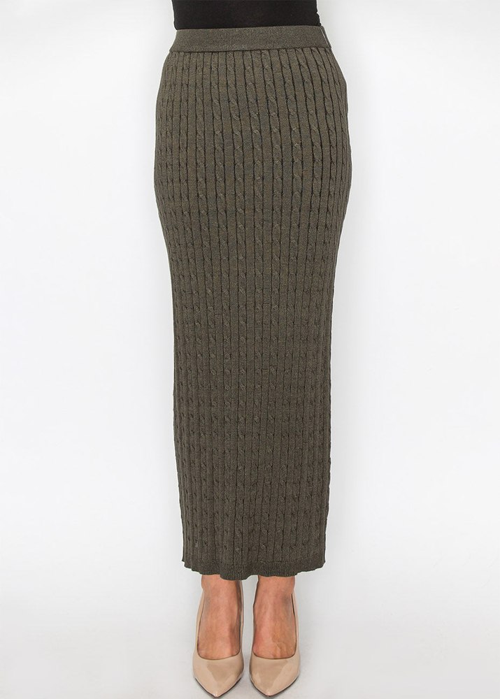Olive Cable-Knit Long Skirt 7832915804220