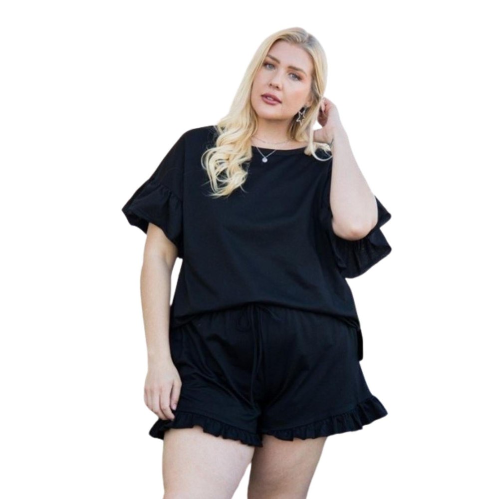 Round Neck Ruffle Sleeve Side Slit French Terry Top 7805686808636