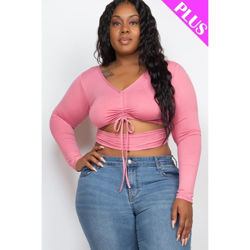 Plus Size Drawstring Ruched Cutout Crop Top 7805700112444
