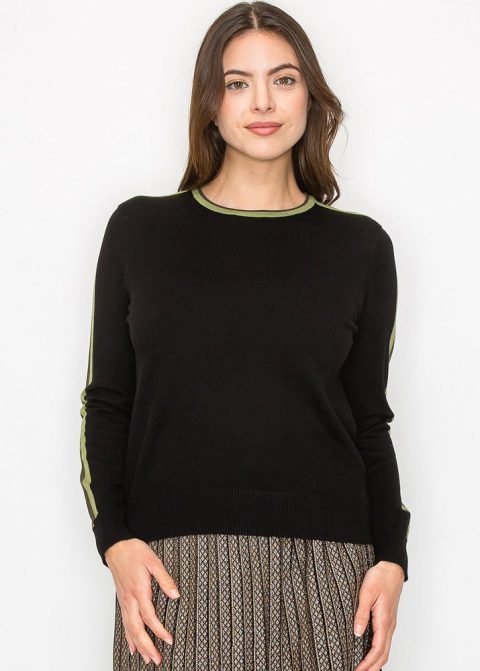 Black Sweater with Olive Stripe Detail 7832927371324