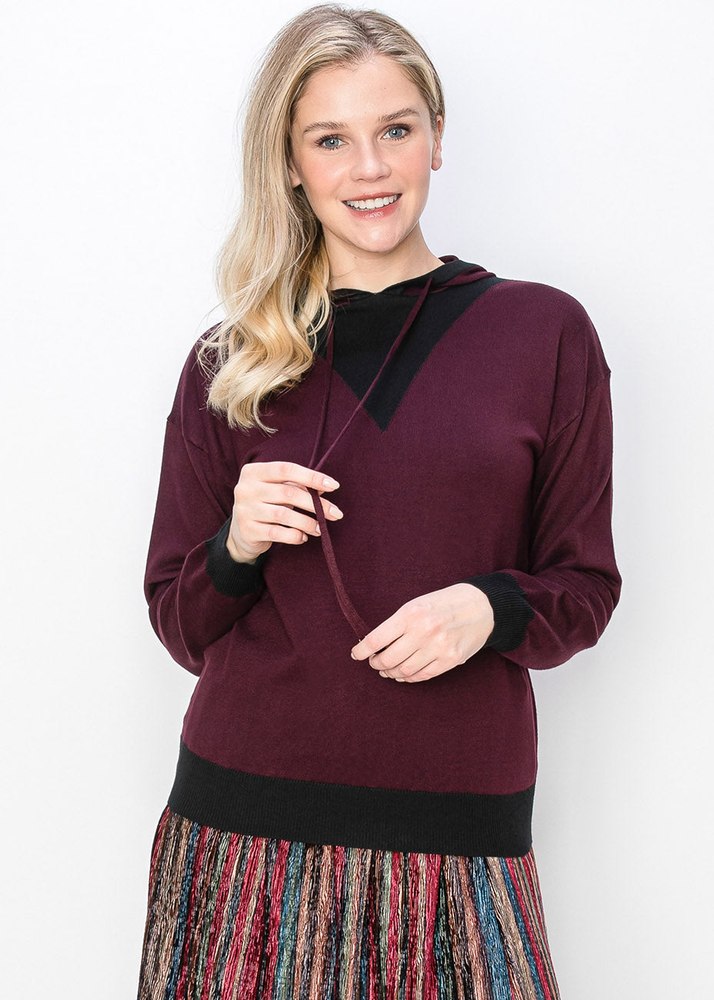 Burgundy Knit Hoodie with Black Accent 7832922718268
