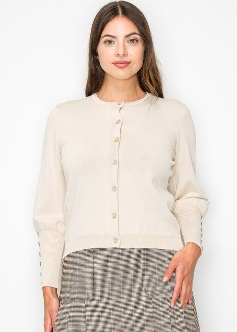 Cream Buttoned Sleeve Knit Cardigan 7832928583740