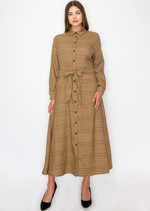 Camel Plaid Shirt Dress with Belt 7832935858236