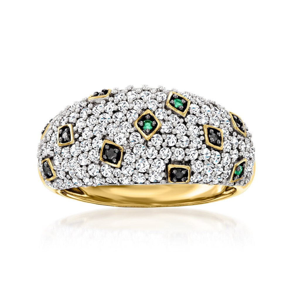Ross-Simons White and Black Diamond Ring With Emerald Accents in 18kt Gold Over Sterling 7805791240252