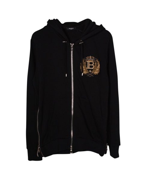 Balmain Embroidered Logo Emblem Front Zip Hoodie Jacket in Black Cotton 7703702437948