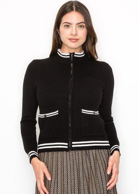 Zip-Up Black Cardigan with Striped Details 7832987893820