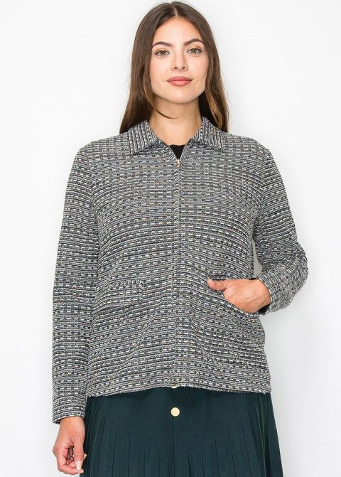 Collared Knit Jacket with Geometric Pattern 7833030852668