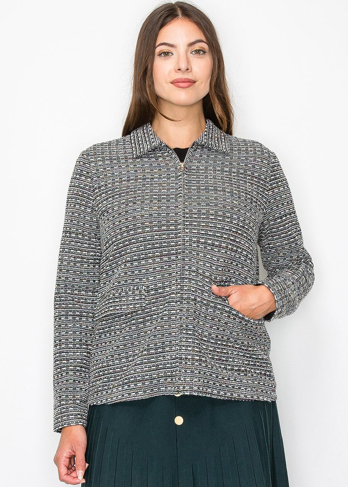 Collared Knit Jacket with Geometric Pattern 7833030852668