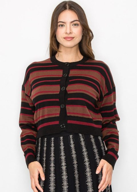 Striped Burgundy & Black Cropped Cardigan 7833131483196