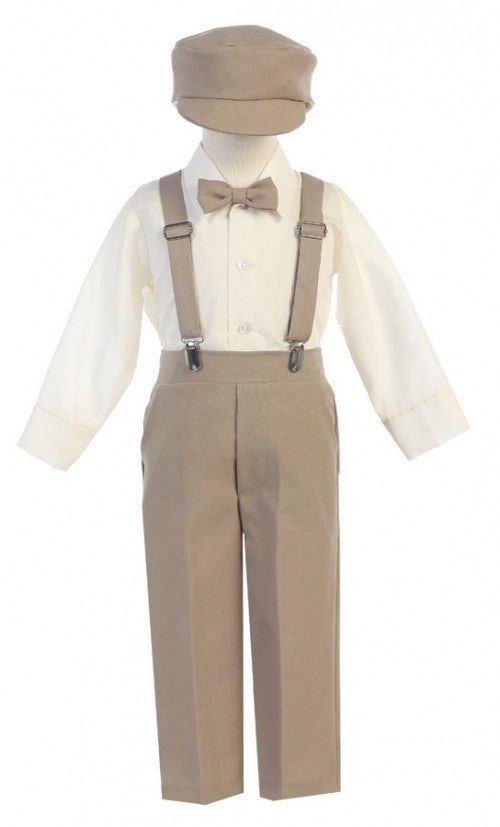 Little Boys Khaki Adjustable Clip-On Suspender Pants Hat Set 2T-7
