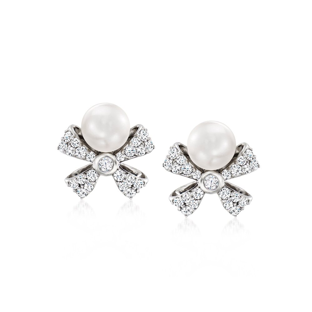 Ross-Simons 5mm Cultured Pearl and . Diamond Bow Earrings in Sterling Silver