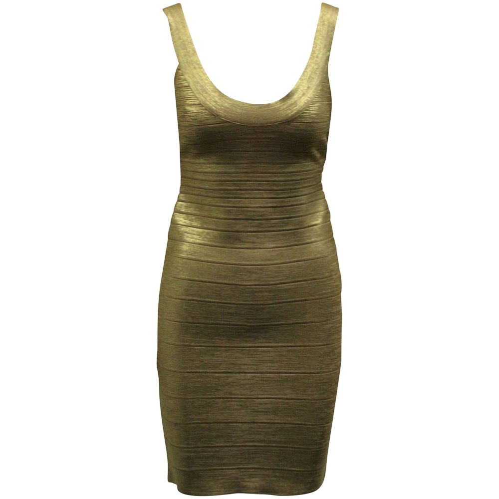Herve Leger Scoop Neck Bandage Foil Dress in Gold Rayon 7833168805948