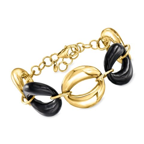 Ross-Simons Italian Black Enamel and 18kt Gold Over Sterling Oval-Link Bracelet 7704707629116