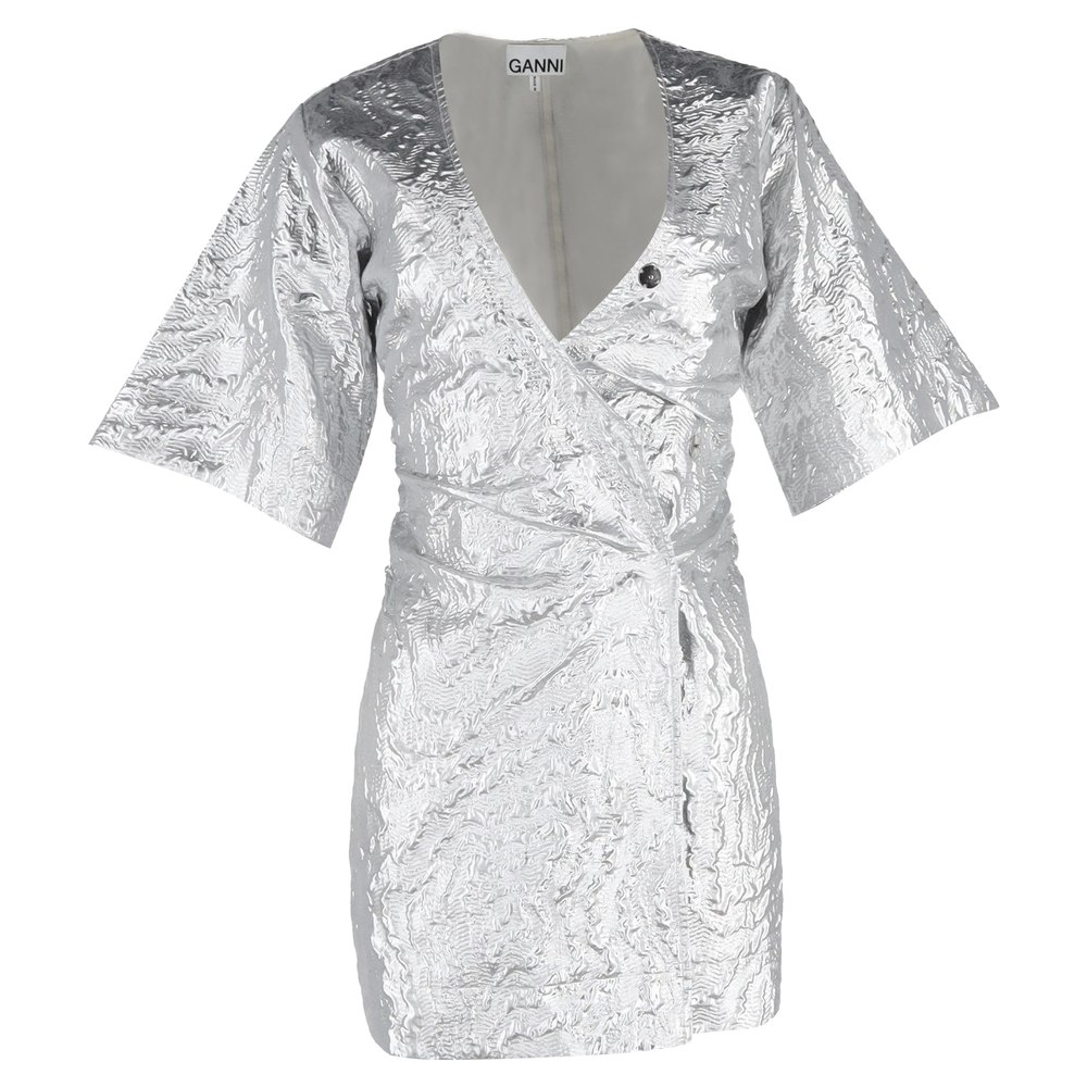 Ganni Metallic Cloqué Mini Wrap Dress in Silver Polyester 7833176408124
