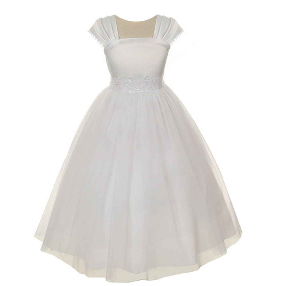Little Girls White Satin Mesh Beadwork Flower Girl Dress 2-6