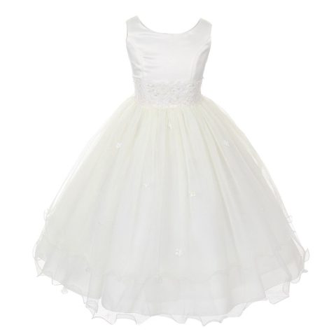 Big Girls Ivory Satin Lace Beadwork Wire Hem Communion Dress 8-16