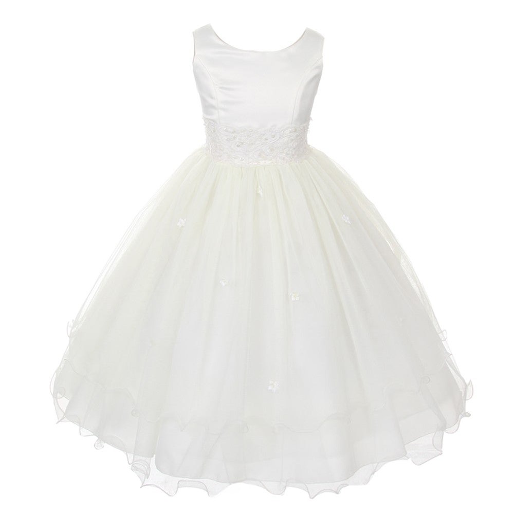 Little Girls Ivory Satin Lace Beadwork Flower Girl Dress 2-6
