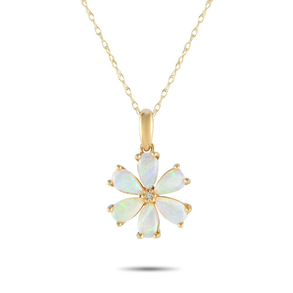 LB Exclusive 14K Yellow Gold 0.01ct Diamond and Opal Flower Necklace PD4-15845YOP