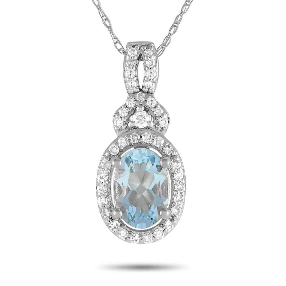 LB Exclusive 14K White Gold 0.15ct Diamond and Aquamarine Pendant Necklace PD4-15738WAQ