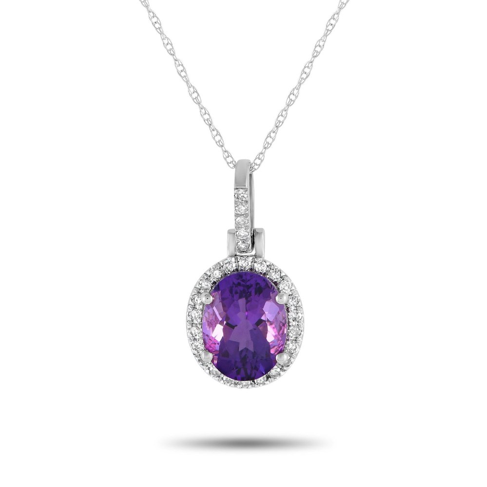 LB Exclusive 14K White Gold 0.13ct Diamond and Amethyst Pendant Necklace PD4-15500WAM