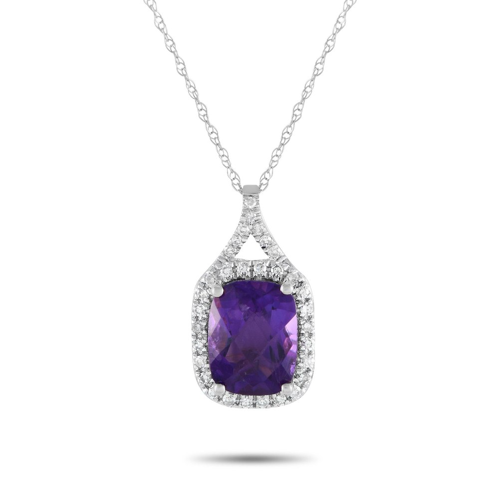 LB Exclusive 14K White Gold 0.13ct Diamond and Amethyst Pendant Necklace PD4-15472WAM