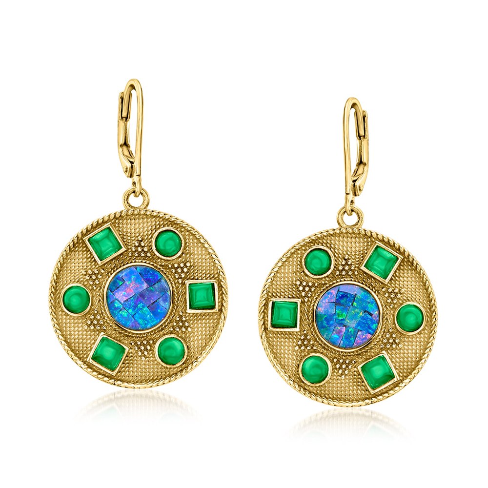 Ross-Simons Mosaic Black Opal Triplet Drop Earrings With Green Agate in 18kt Gold Over Sterling