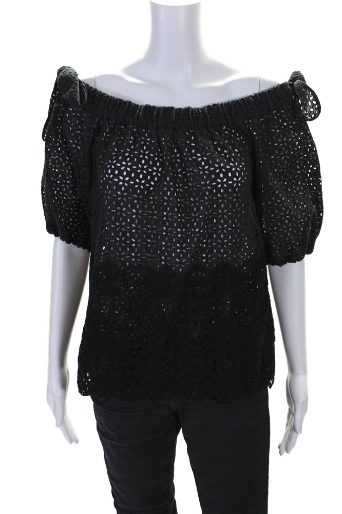 Sharis Women’s Off The Shoulder Eyelet Short Sleeves Blouse Black 7833299320892