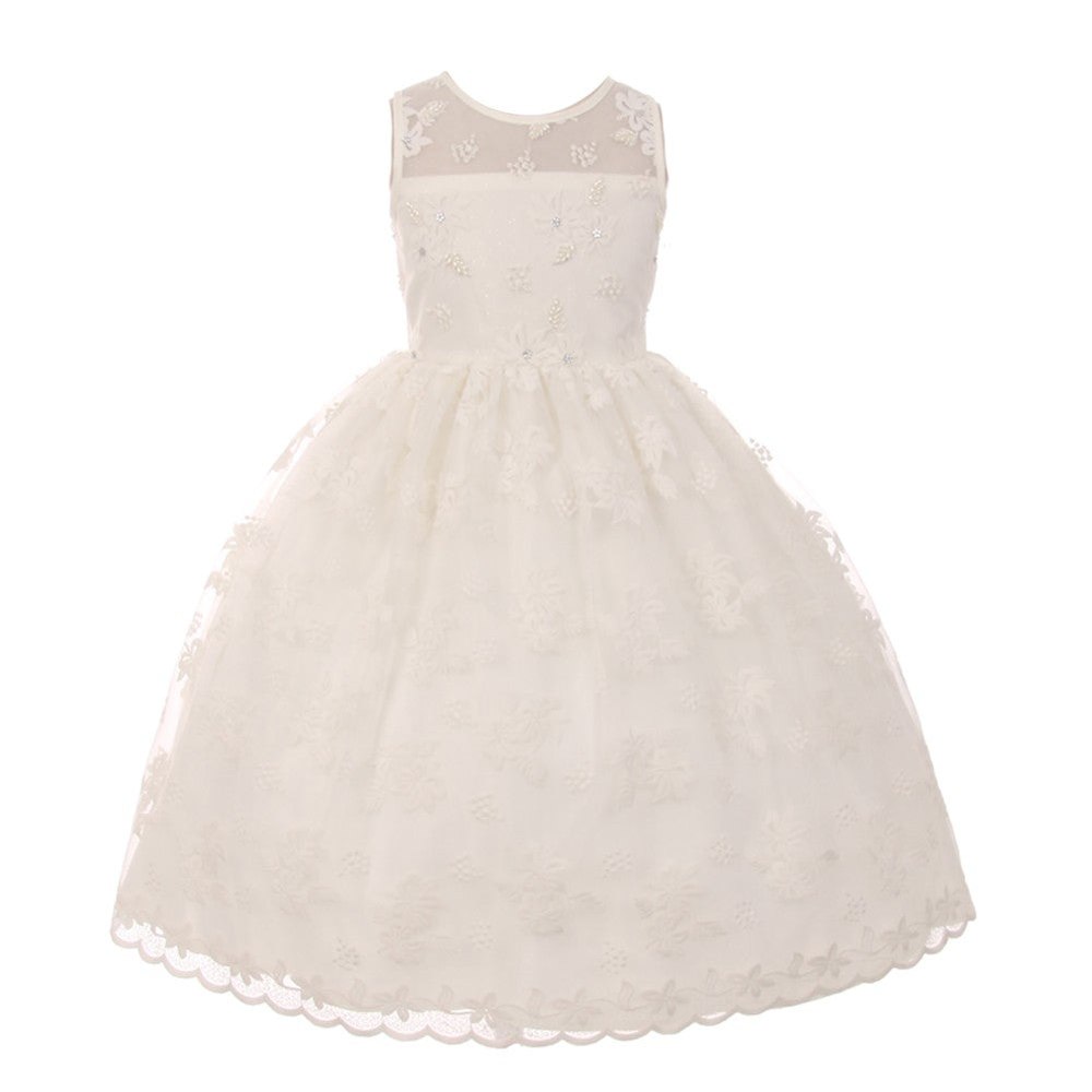 Little Girls Ivory Lace Pearl Adorned Flower Girl Easter Dress 2-6
