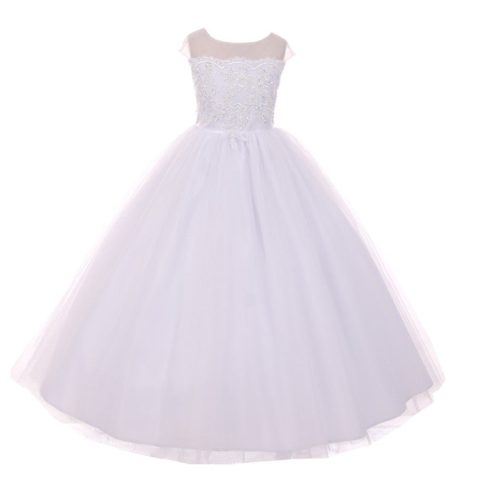 Big Girls White Sheer Organza Satin Sequin Pearl Communion Dress 7-18