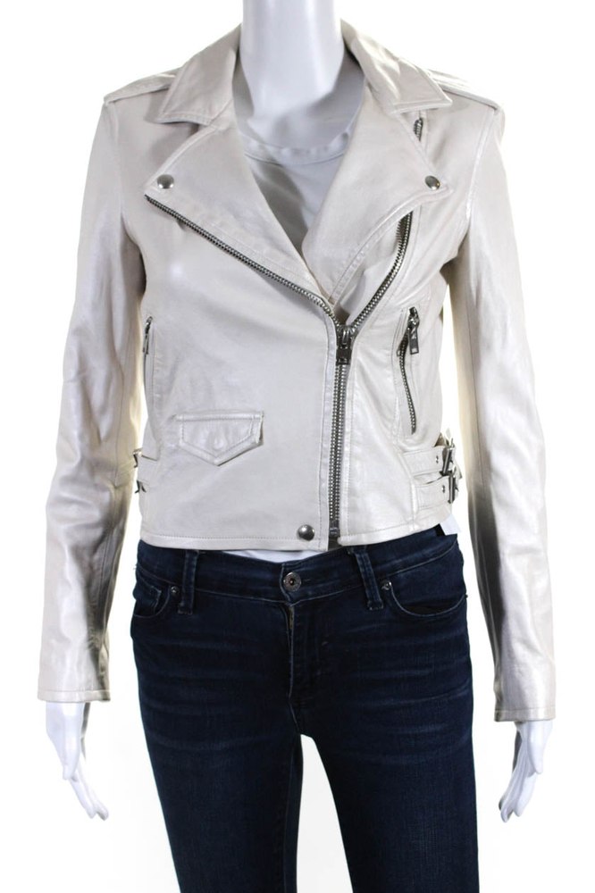 IRO Womens Leather Long Sleeves Ashville Motorcycle Jacket White 7833398673468