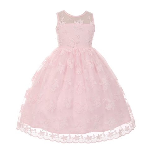 Big Girls Pink Lace Pearl Adorned Junior Bridesmaid Easter Dress 8-12