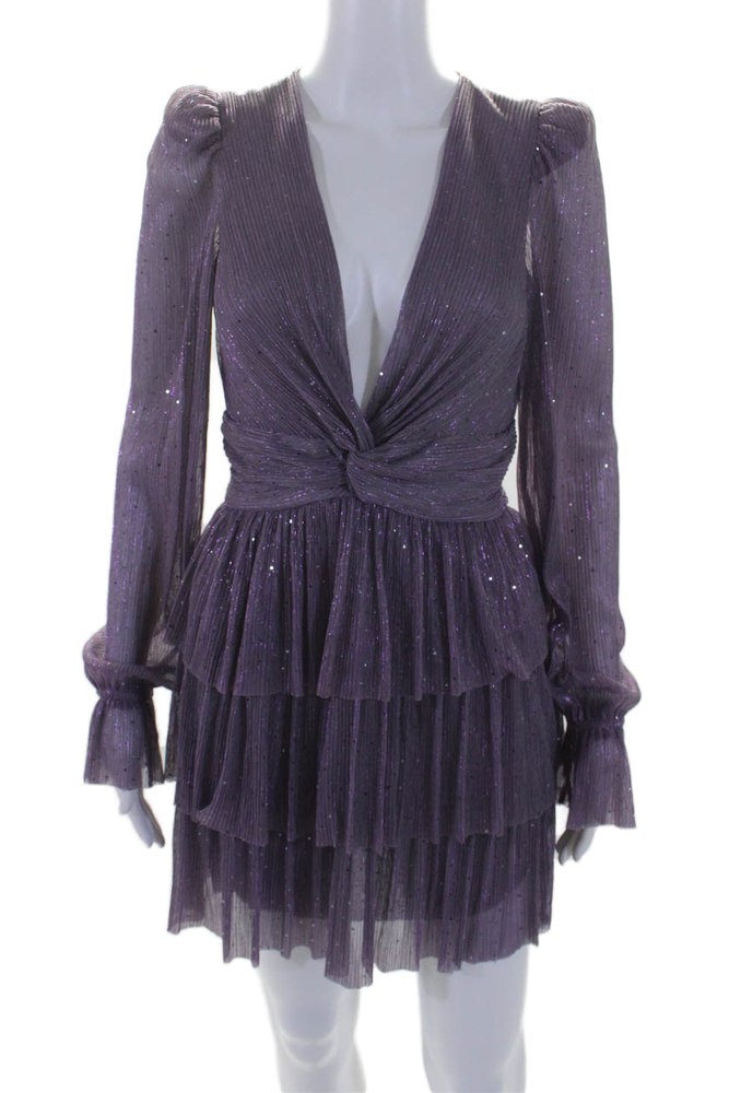 Sabina Musayev Womens Glittery Purple Pleated Belt Long Sleeve Shift Dress 7833469911100