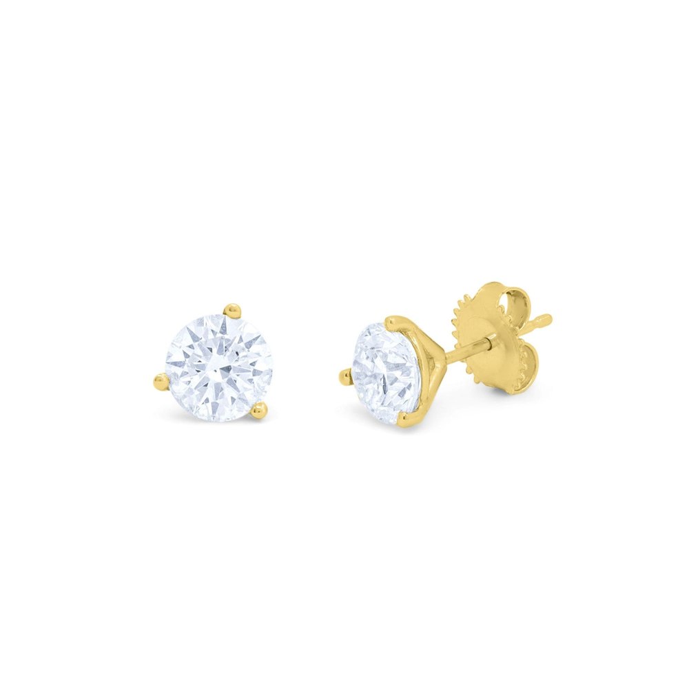 14kt yellow gold solitaire diamond stud earrings containing 2.00 cts tw of round diamonds set in a martini setting