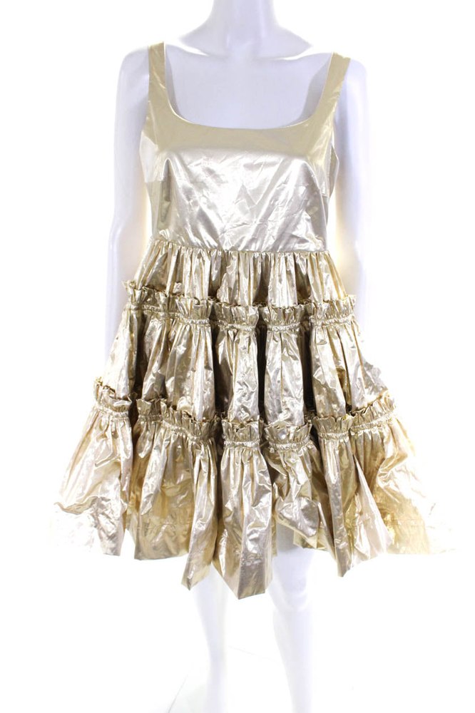 Molly Goddard Womens Lame Gathered Tiered Strap Dress – Gold 7833576636476