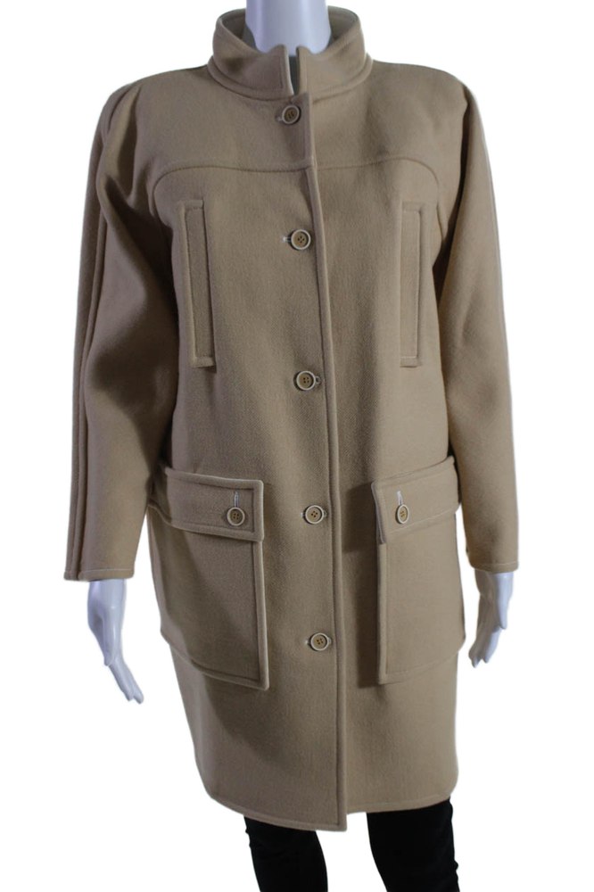 Courreges Womens Beige Wool Pockets High Neck Long Sleeve Coat 7833581092924