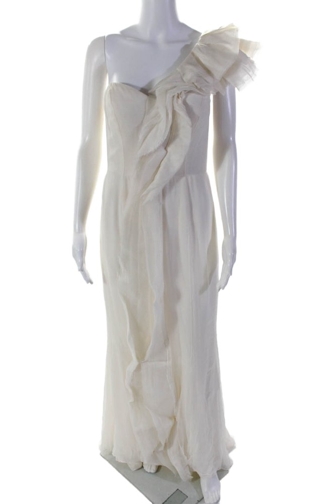 J. Mendel Womens Cream Ruffle One Shoulder Sleeveless Gown Dress 7833590071356