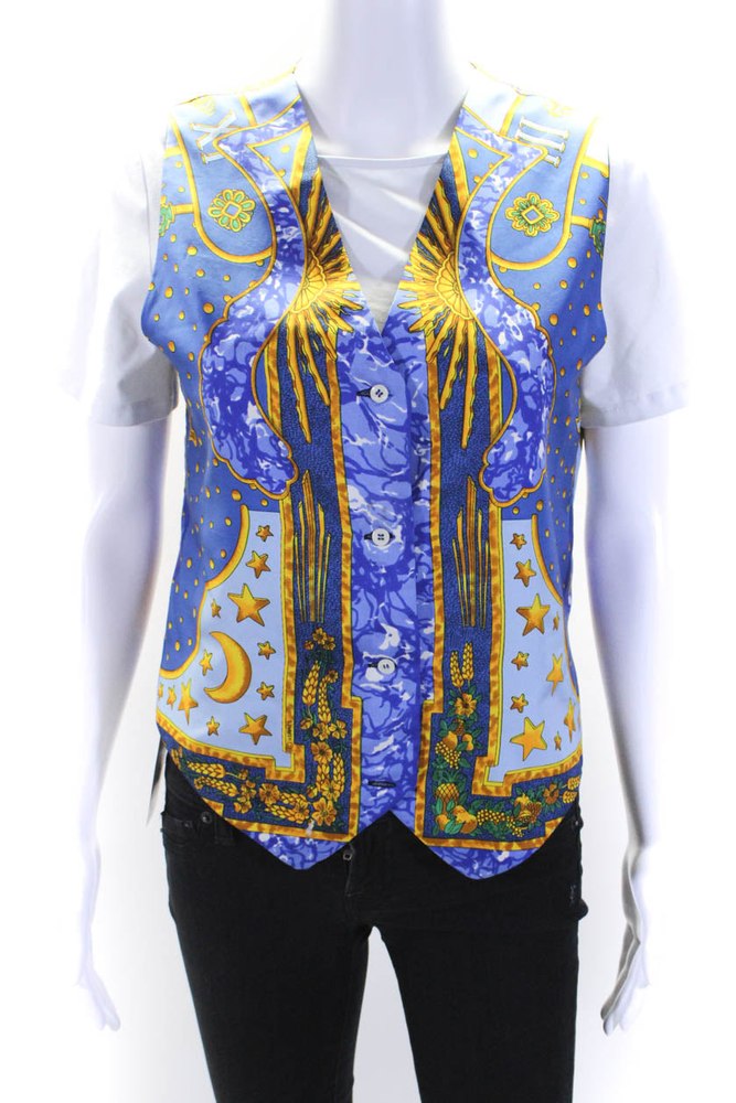 Hermes Womens Blue Gold Silk Graphic Print Four Button Vest Jacket 7833597476924