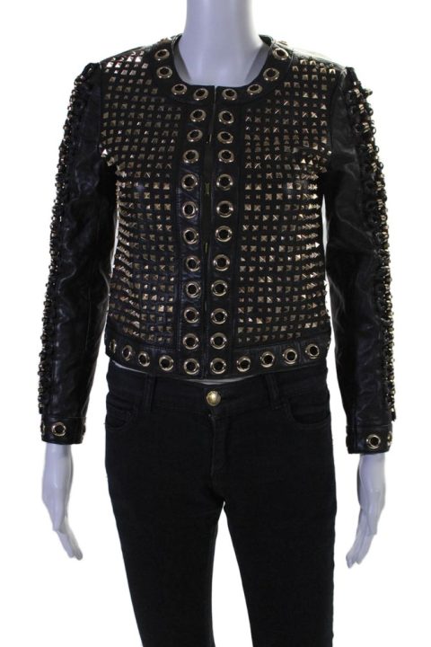 Alice + Olivia Womens Hook Front Braided Studded Grommet Leather Jacket Black XS 7833604096060